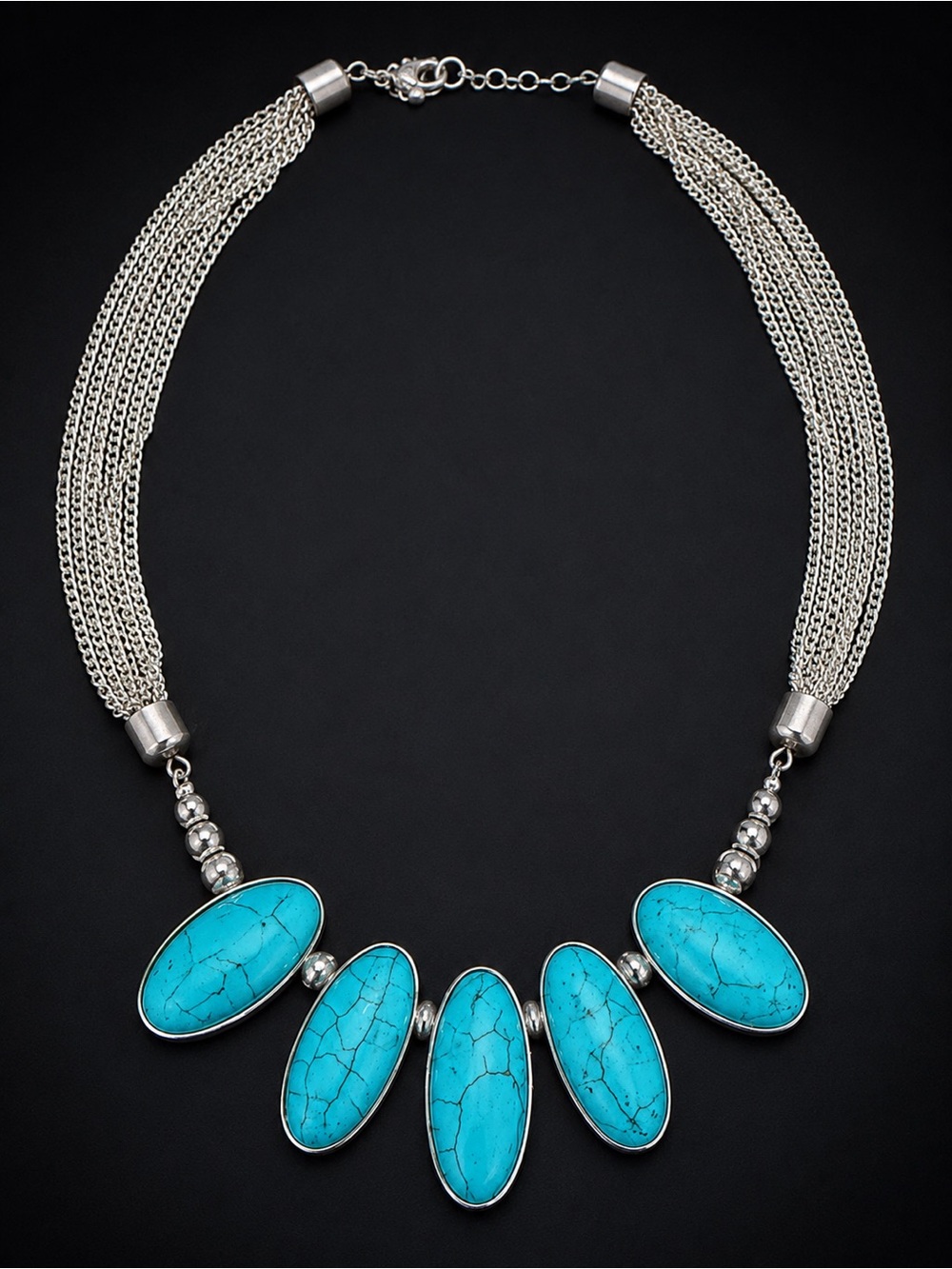 Silver Multi-Chain Necklace with Turquoise Oval Stones